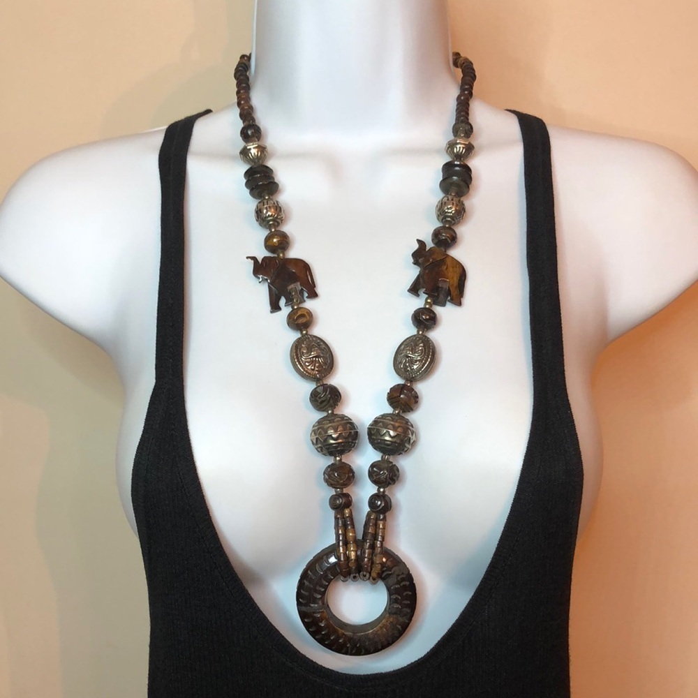 Vintage boho tribal style big statement necklace bone and wood, festival look.